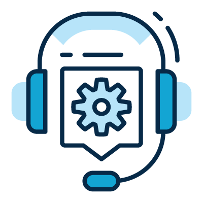 A blue icon of a headset surrounding a speech bubble that contains a gear, symbolizing technical support.