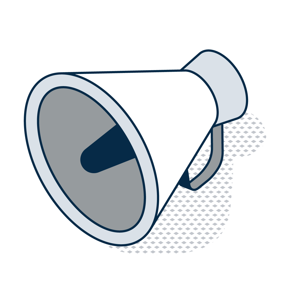 A stylized illustration of a light blue and dark blue megaphone seen from an angle, set against a subtle dotted background.
