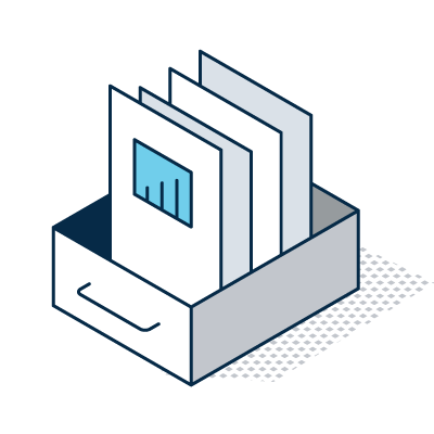 A file drawer containing three upright document folders, one featuring a light blue bar graph icon.