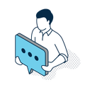 Person holding a blue chat bubble icon with three dots, suggesting messaging or live support