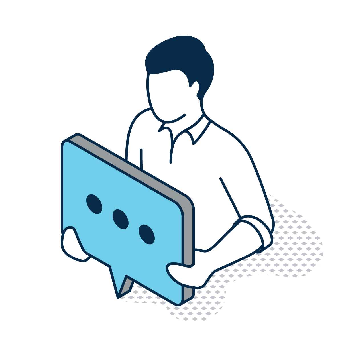 Person holding a blue chat bubble icon with three dots, suggesting messaging or live support