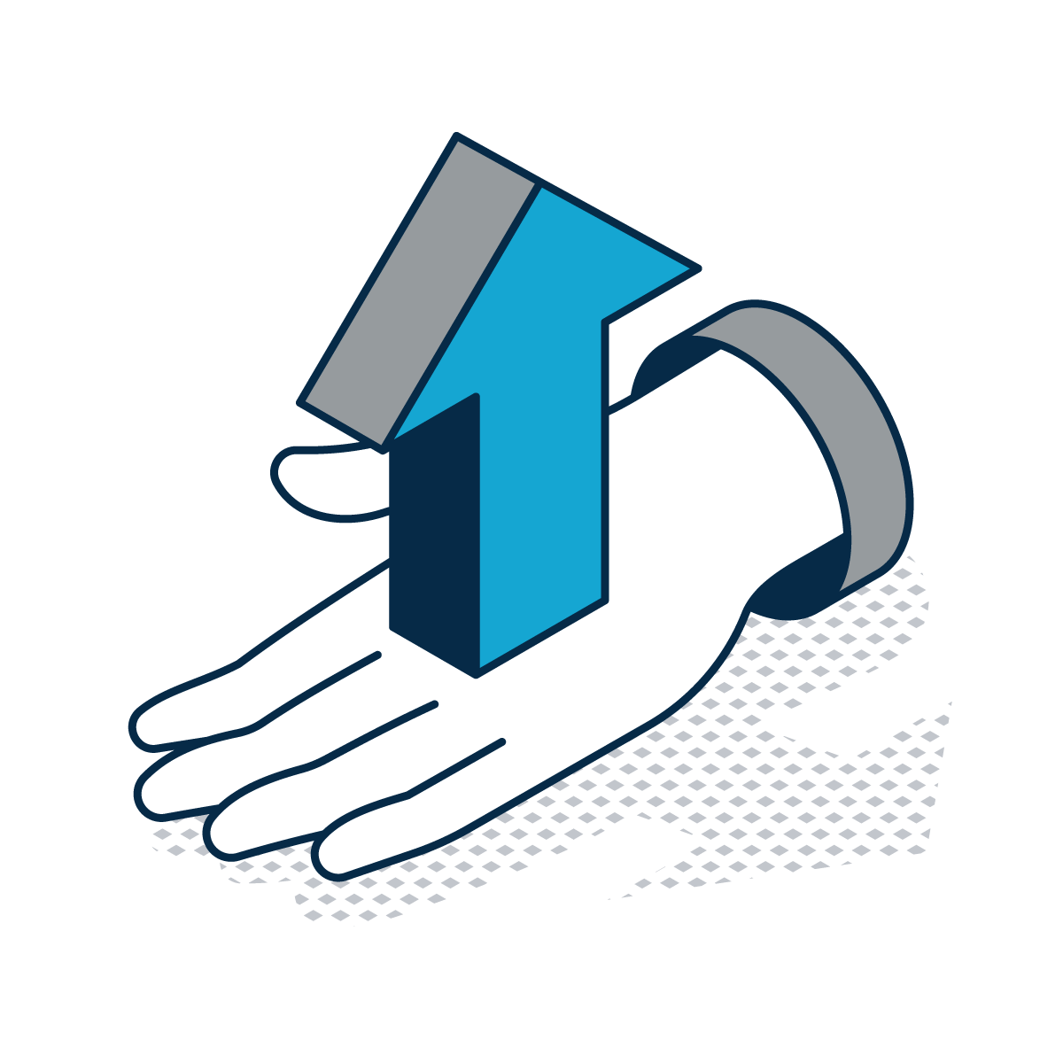 An icon of a stylized hand with palm open, supporting a 3D upward-pointing blue arrow.