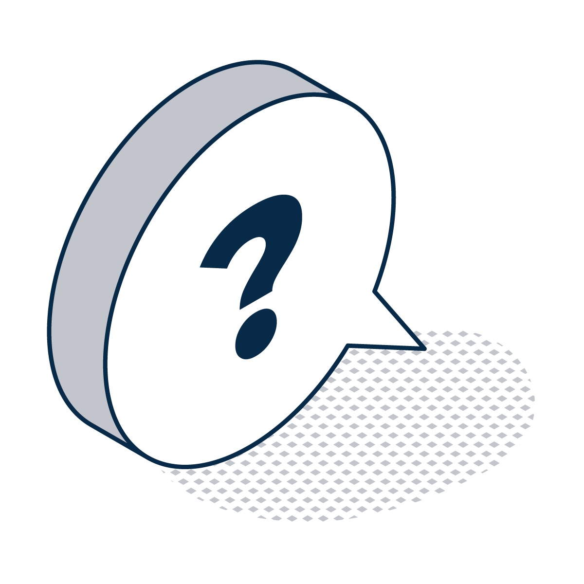 An isometric white speech bubble with a dark blue question mark, featuring a dotted shadow on a plain background.