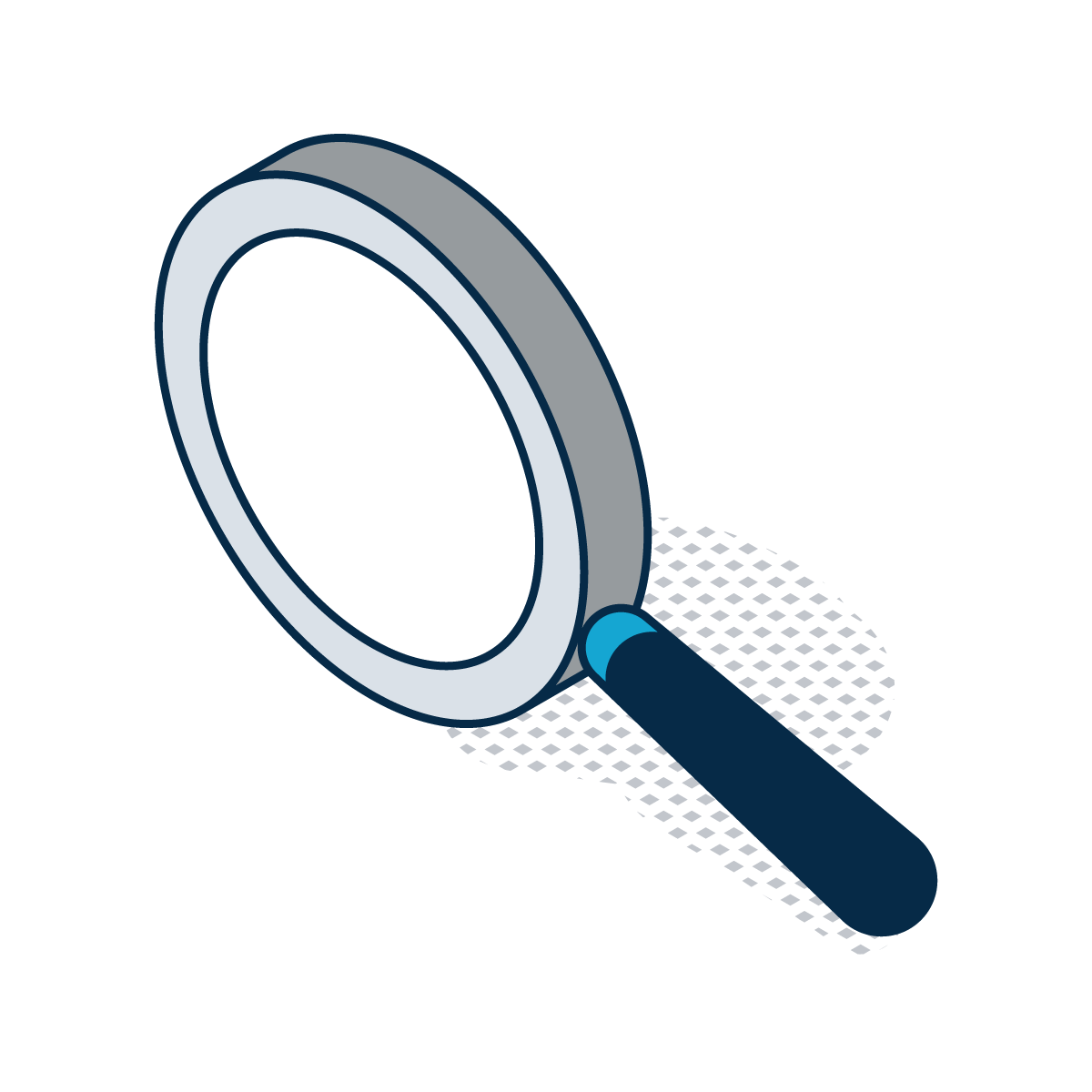 A stylized, isometric icon of a grey magnifying glass with a dark blue handle.