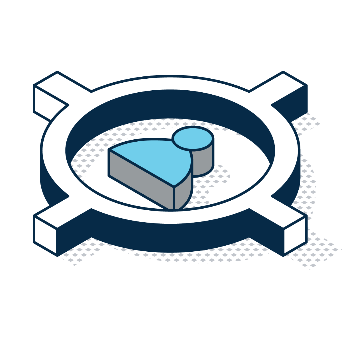 An isometric icon of a light blue person figure centered inside a dark blue circular frame with four extending tabs.