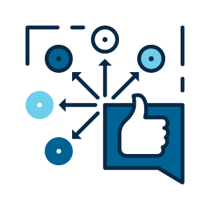 A blue speech bubble containing a thumbs-up icon points towards five blue circles of varying shades.