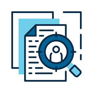 A stylized icon of a magnifying glass over a document, symbolizing a search for a person or candidate.