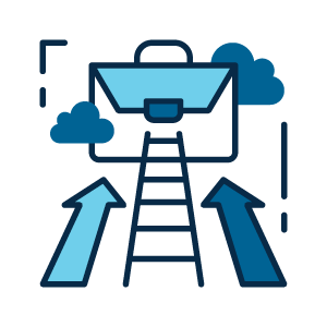A briefcase sits above a ladder flanked by two upward-pointing arrows, all in shades of blue.
