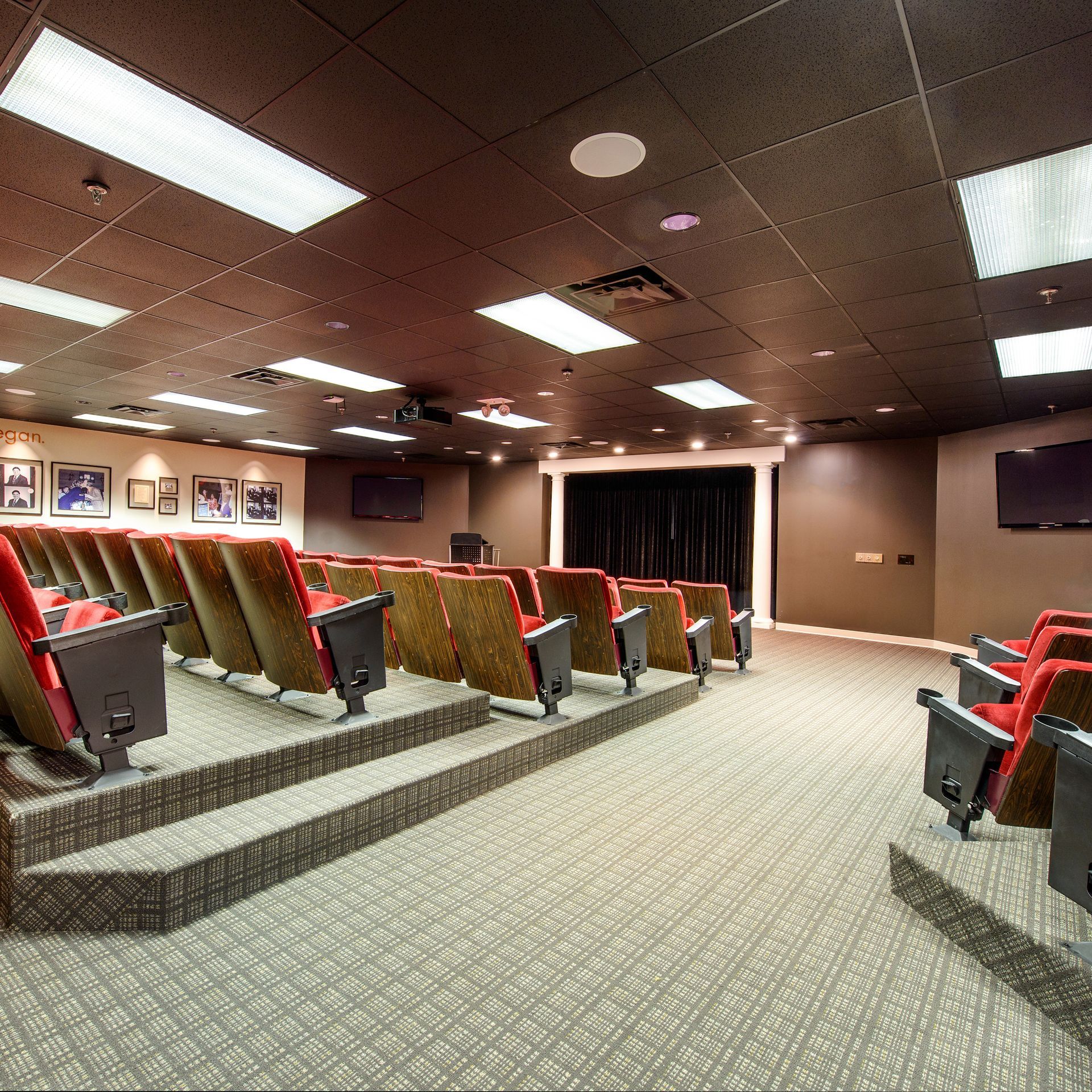A tiered home theater room with rows of red velvet cinema seats, dark patterned carpet, and a dark drop-tile ceiling.