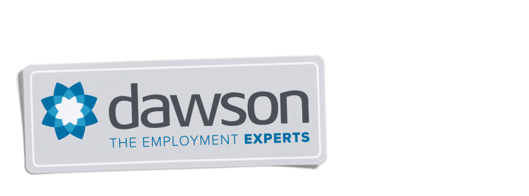 Logo for Dawson, The Employment Experts, featuring a stylized blue floral icon next to gray text on a white background.