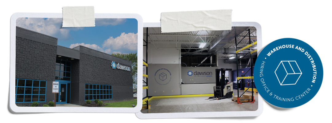 Two photos of a business facility: an exterior view of a dark building and an interior view of a warehouse with a forklift.