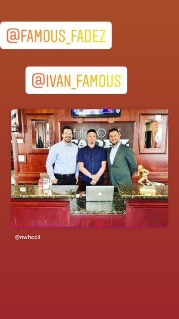 Three people posing behind a red counter in a wood-paneled room, with @FAMOUS_FADEZ and @IVAN_FAMOUS labels.