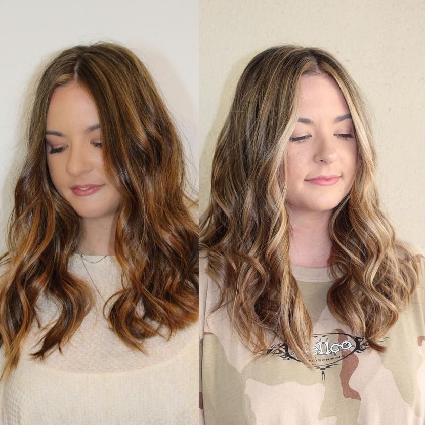 Side-by-side portraits of the same woman with wavy hair, before and after highlights, against a light background
