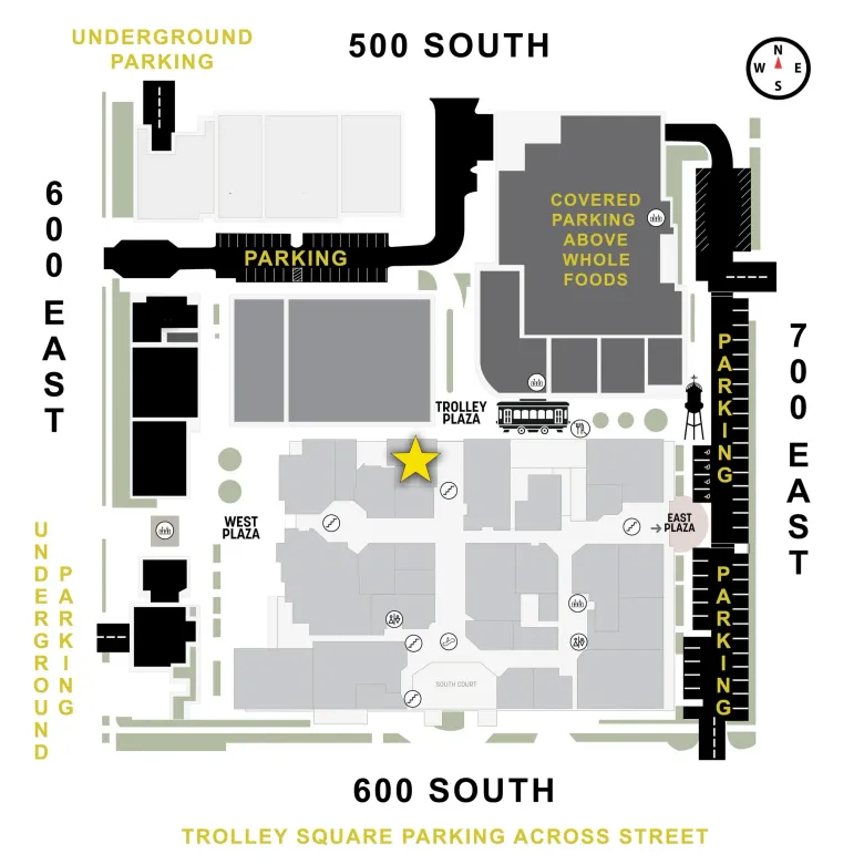 Campus parking map with lots on 500 and 600 South, marked parking areas and accessible entrances