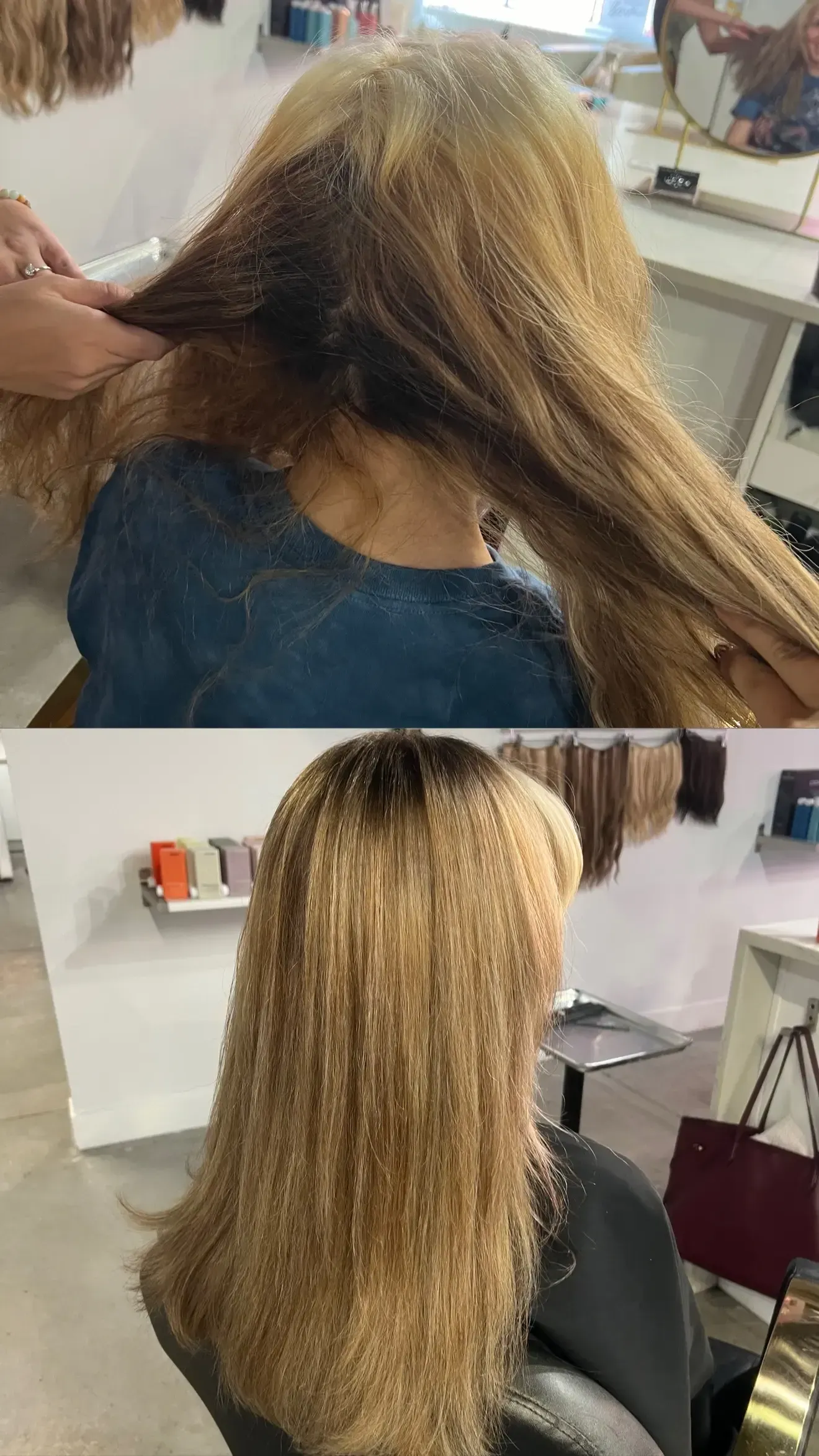Before-and-after salon photo of long, blonde hair being smoothed and styled in a chair