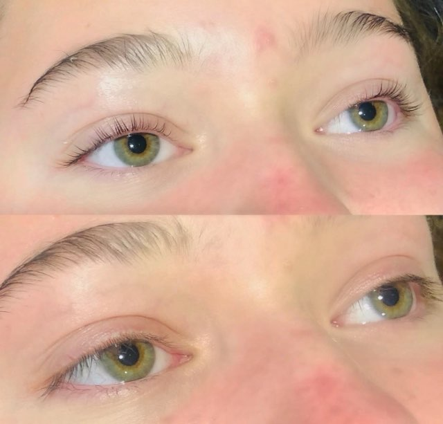 Close-up of two eye closeups, showing hazel eyes and light skin in soft natural light
