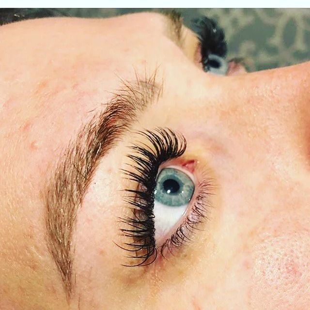Close-up of a blue eye with long curled eyelashes and a shaped eyebrow