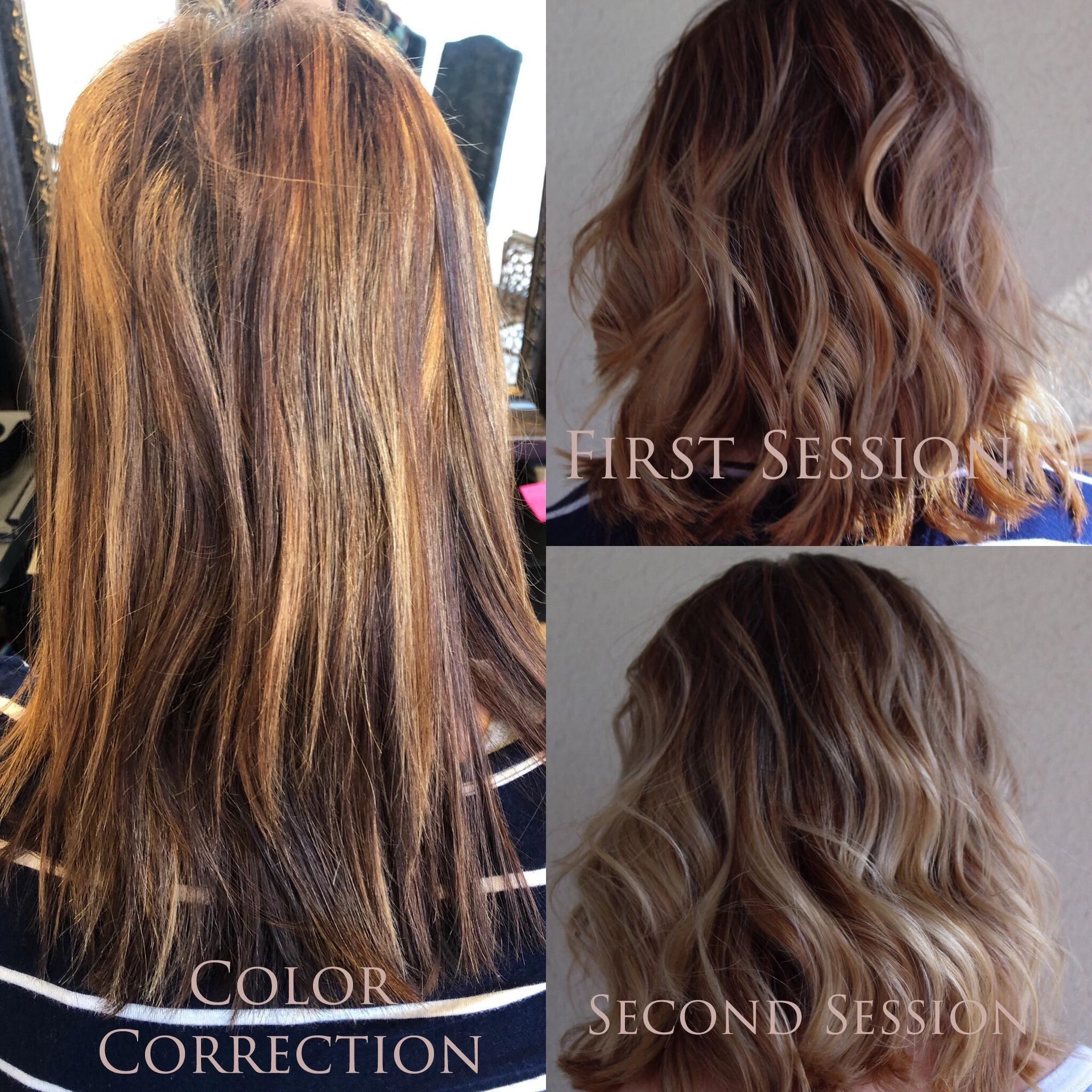 Hair color correction before-and-after collage showing brunette balayage transformation.