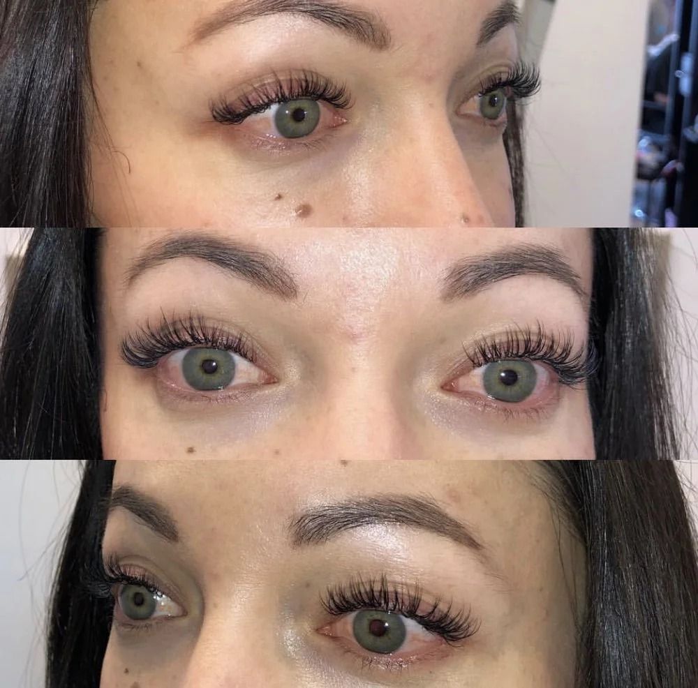 Three close-up eye makeup photos showing green eyes, dark brows, and winged eyeliner from different angles