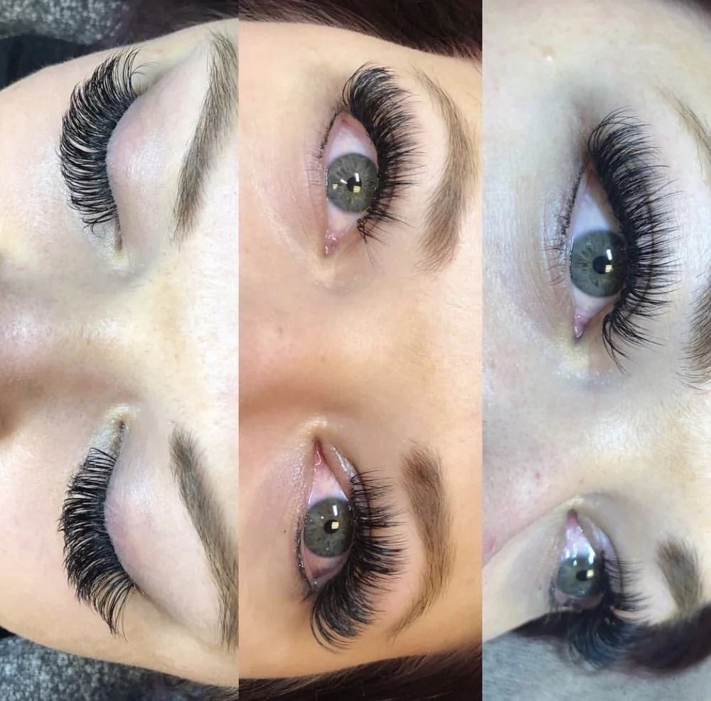 Close-up collage of three eye makeup looks with thick false eyelashes and neutral eyeshadow