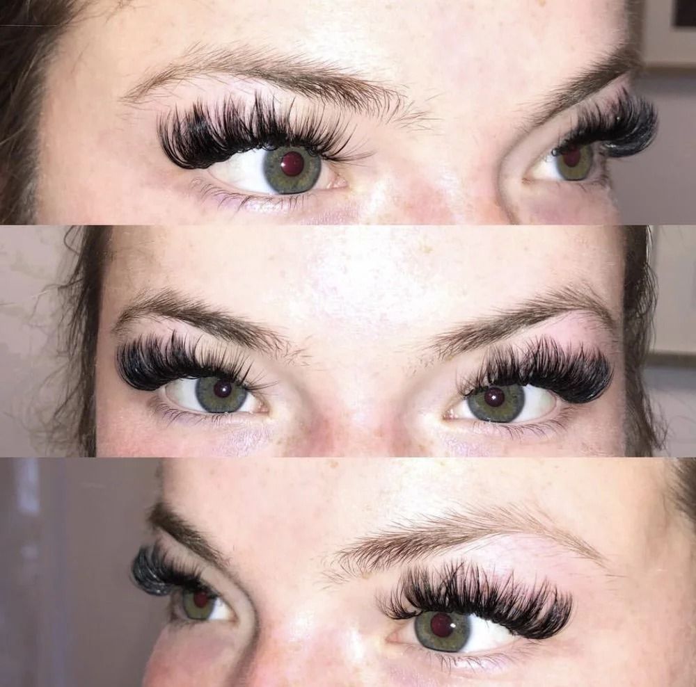 Three close-up eye photos showing long, thick false eyelashes from different angles