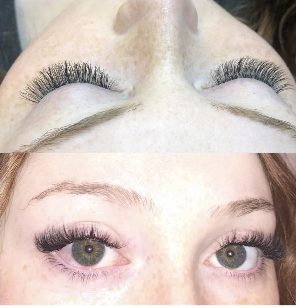 Close-up of eyes with dramatic false eyelashes and eyebrow tinting, shown before and after.