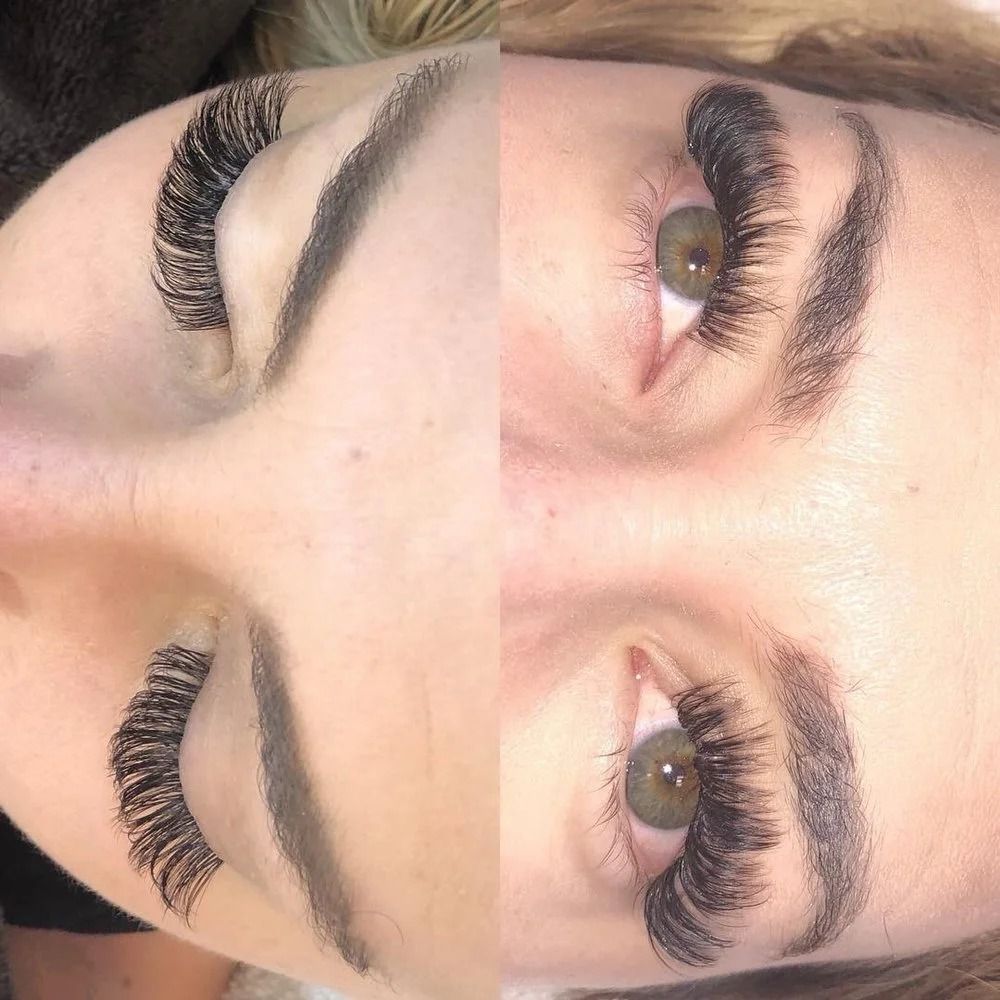Close-up of eyes with long false eyelashes and shaped brows on a light pink background