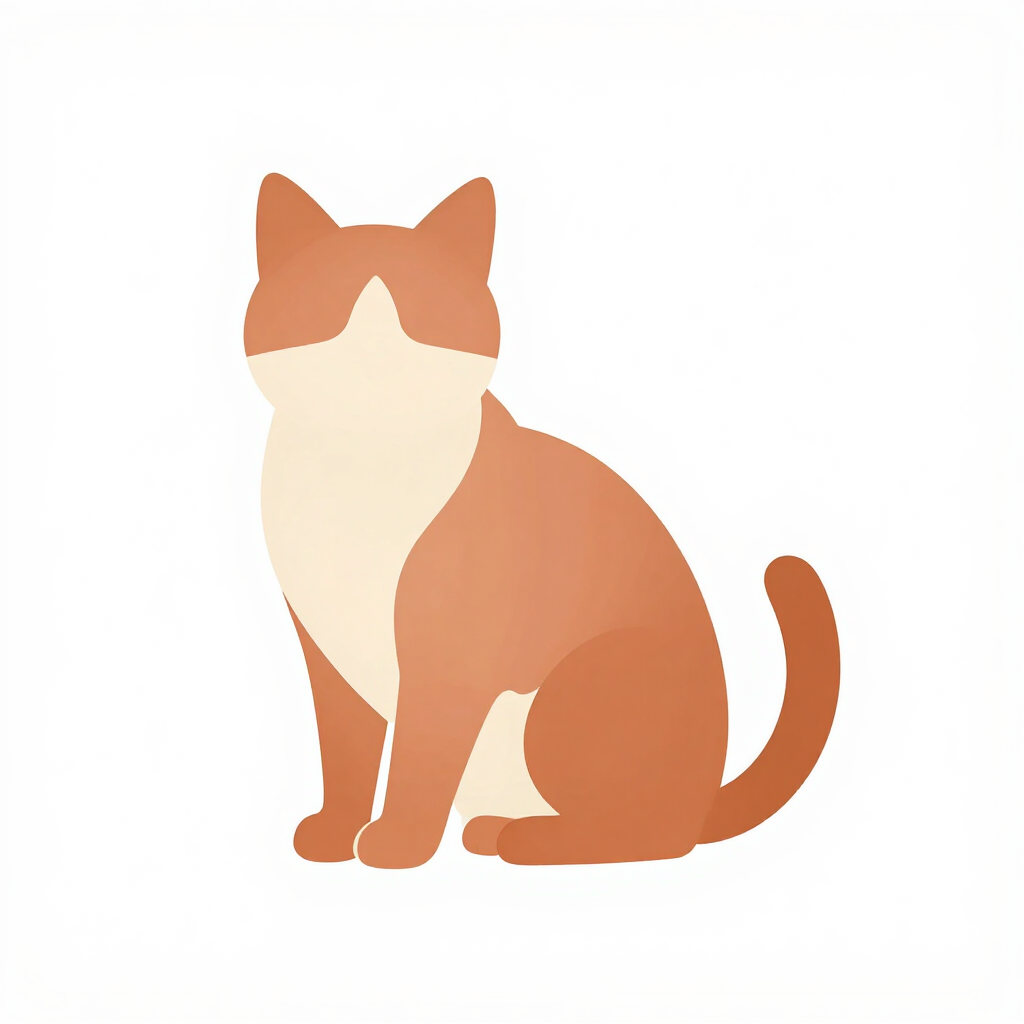 Gato estilizado de color naranja y crema sentado sobre un fondo blanco