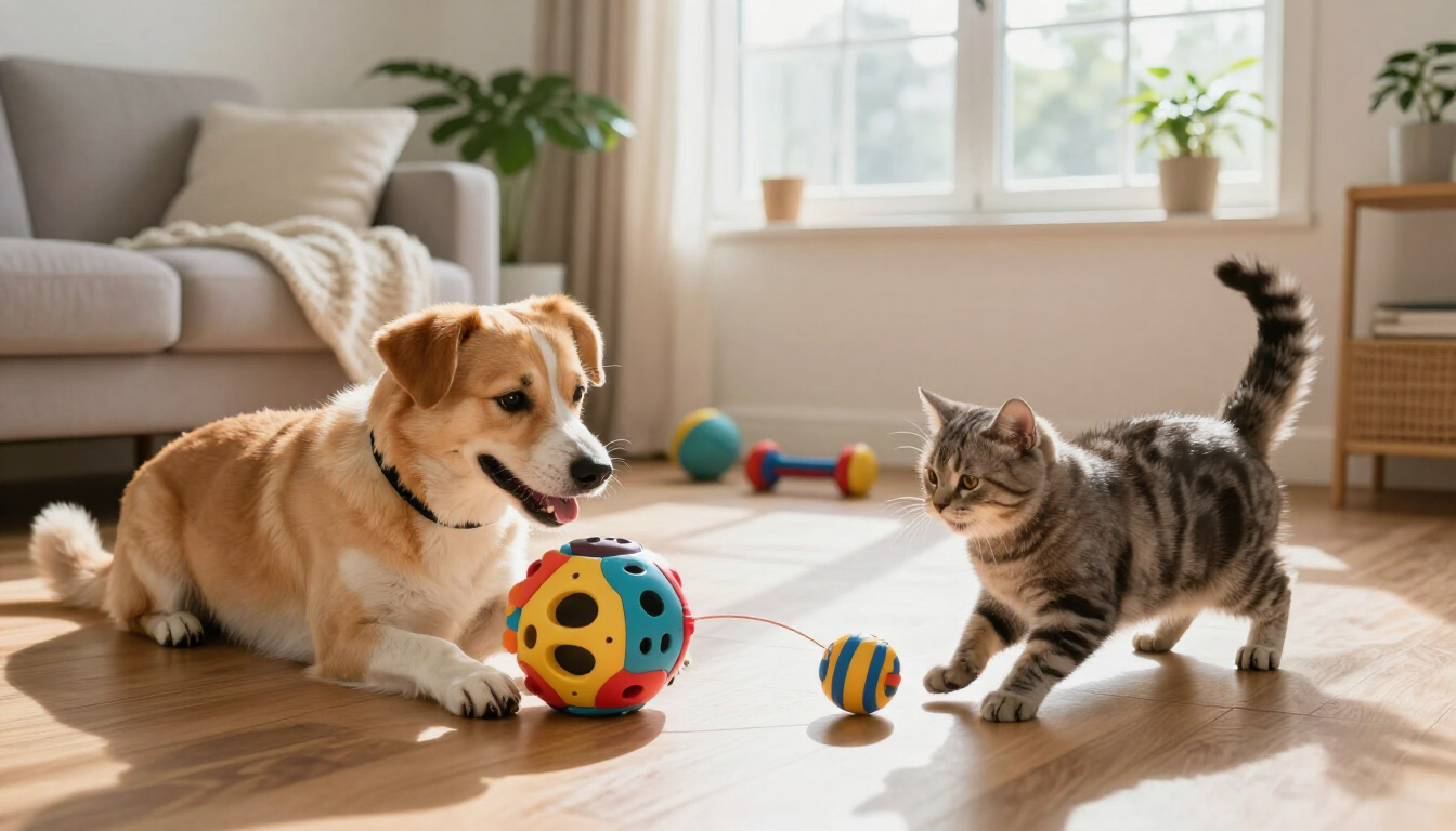 Perro y gato jugando con juguetes interactivos