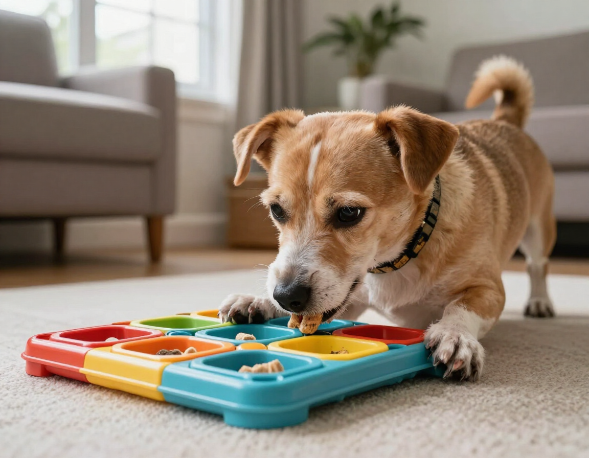 Perro usando un juguete dispensador de alimento