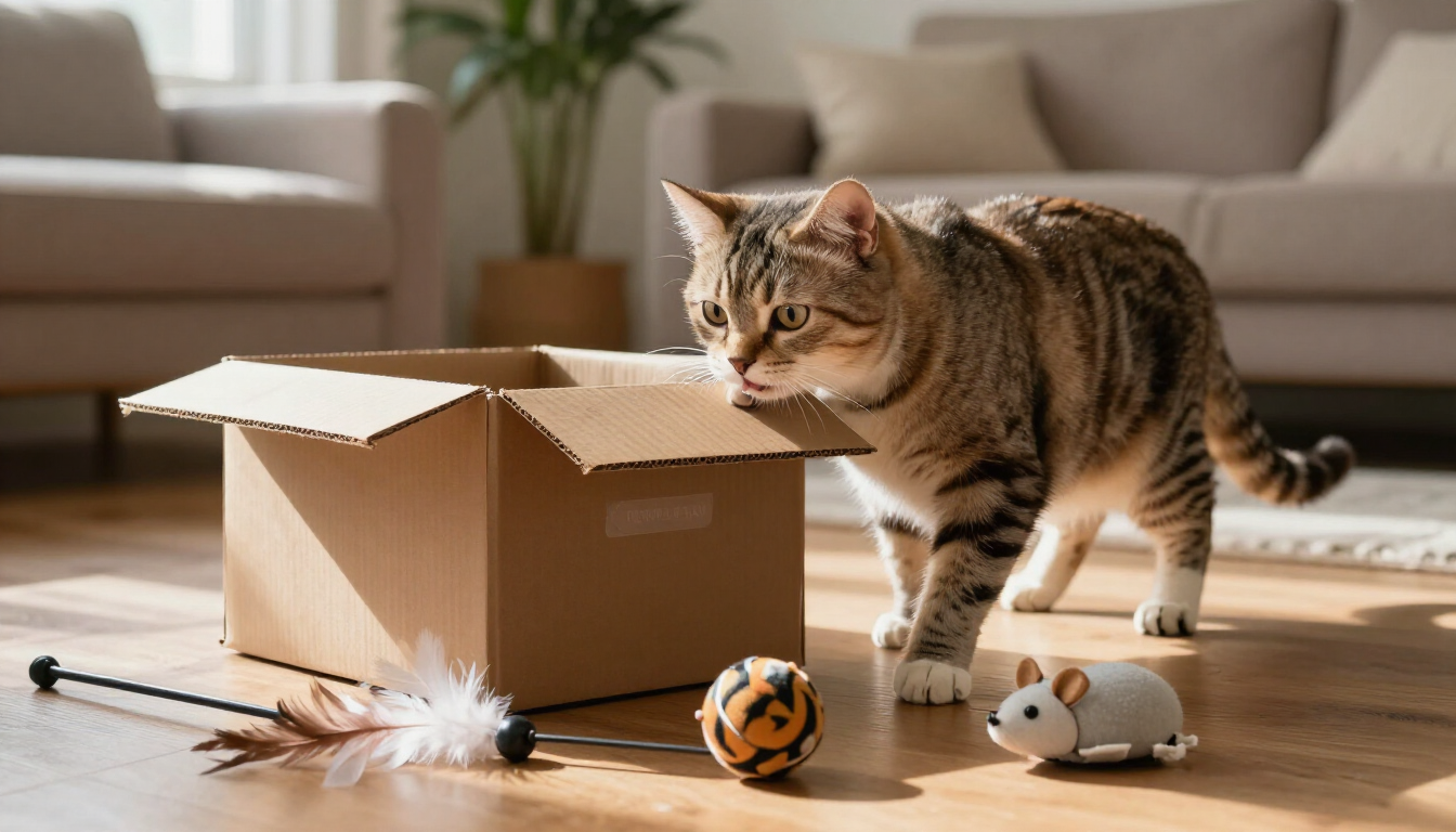 Gato explorando juguetes y una caja de enriquecimiento