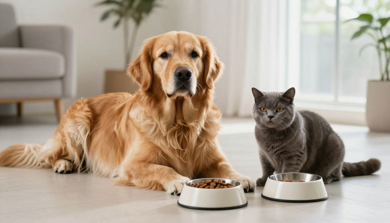 Perro y gato junto a sus recipientes de alimento de calidad