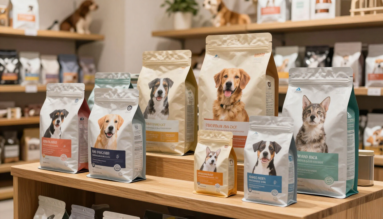 Selección de alimentos premium para mascotas en una tienda especializada