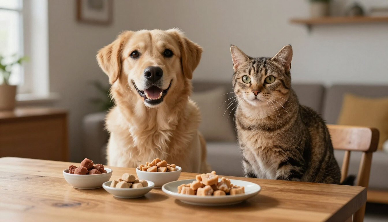 Snacks para mascotas junto a un perro y un gato