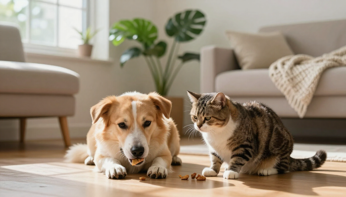 Perro y gato disfrutando snacks para mascotas