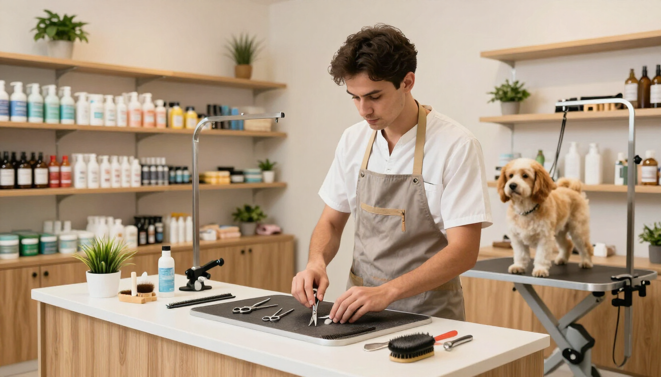 Profesional preparando herramientas para peluquería canina
