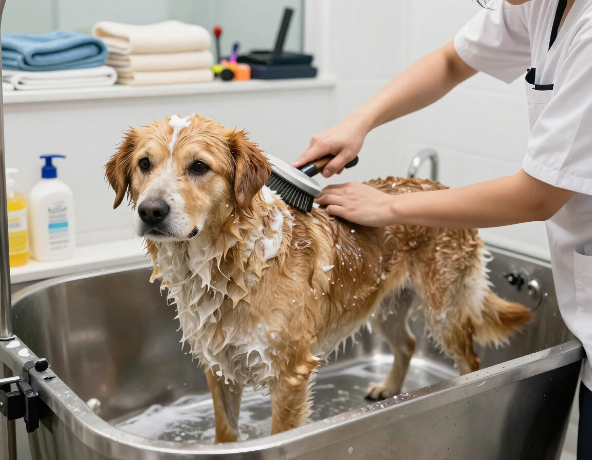 Perro relajado durante una sesión de baño y cepillado