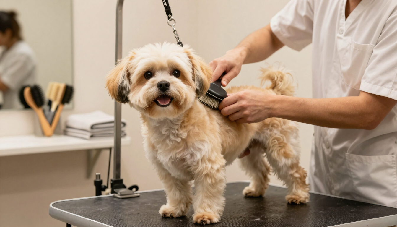 Perro disfrutando una sesión de peluquería canina profesional