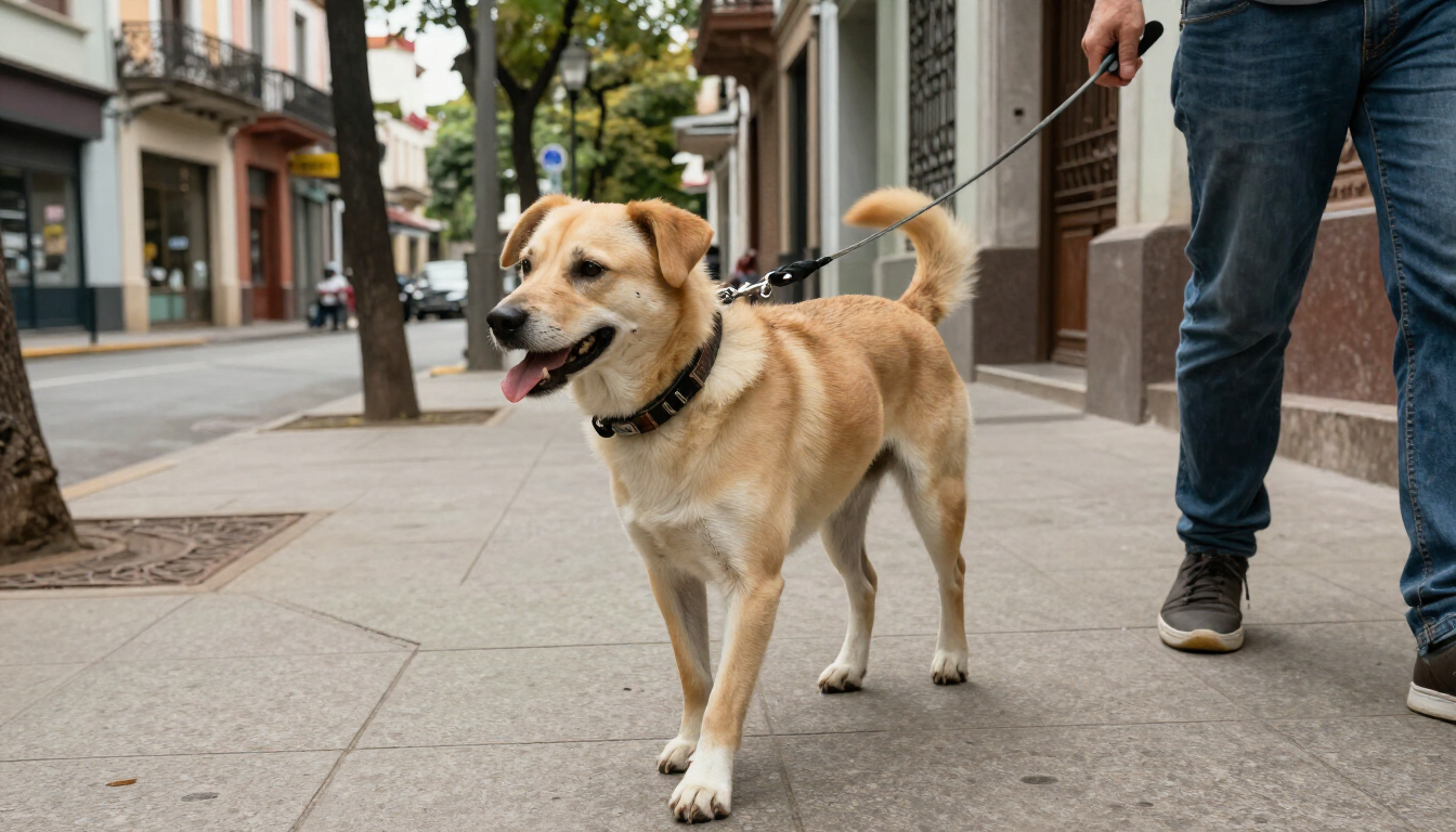 Perro paseando con collar y correa en una vereda porteña
