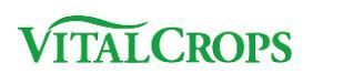 Logotipo de VitalCrops en texto verde, con una hoja naranja como detalle, sobre fondo blanco