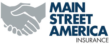 Logo for Main Street America Insurance featuring a gray handshake icon next to the blue text