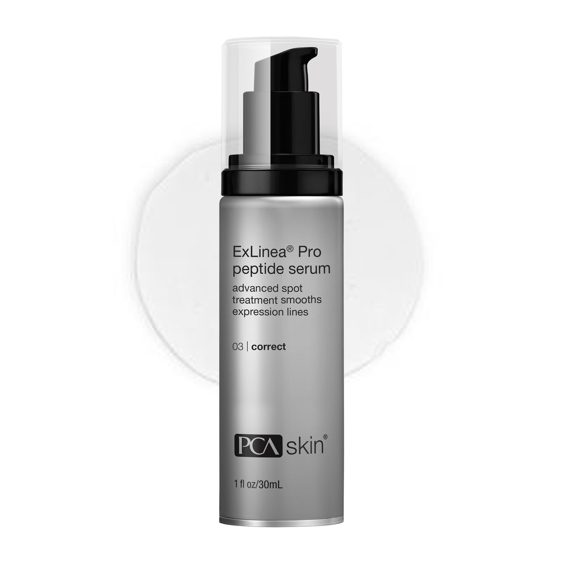 PCA Skin ExLinea Pro Peptide Serum bottle with black pump and silver label on white background