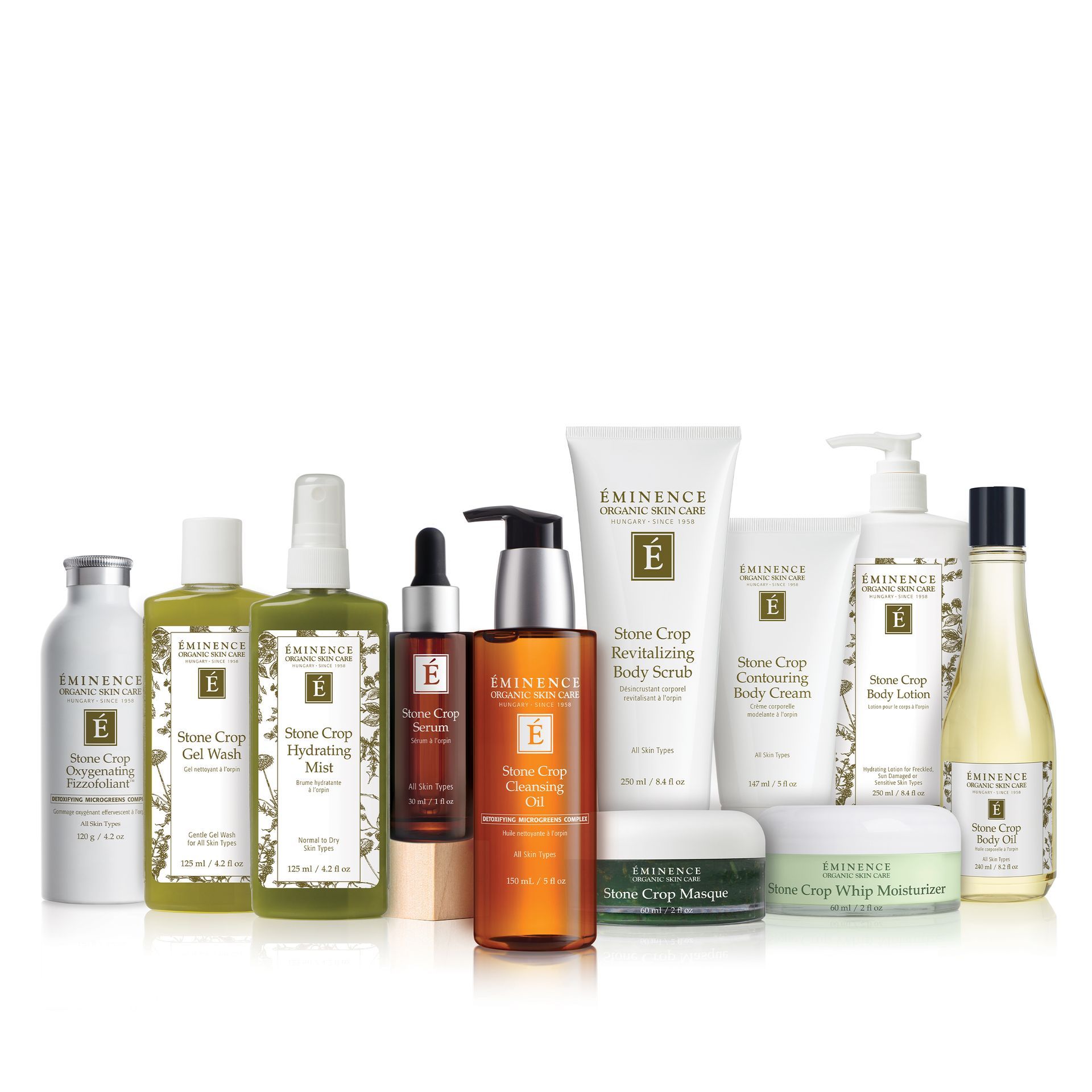Assorted skincare and haircare bottles and jars arranged on a white background