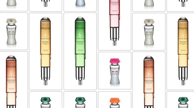 Grid of assorted colorful cosmetic vials and tubes in a tiled pattern on a white background