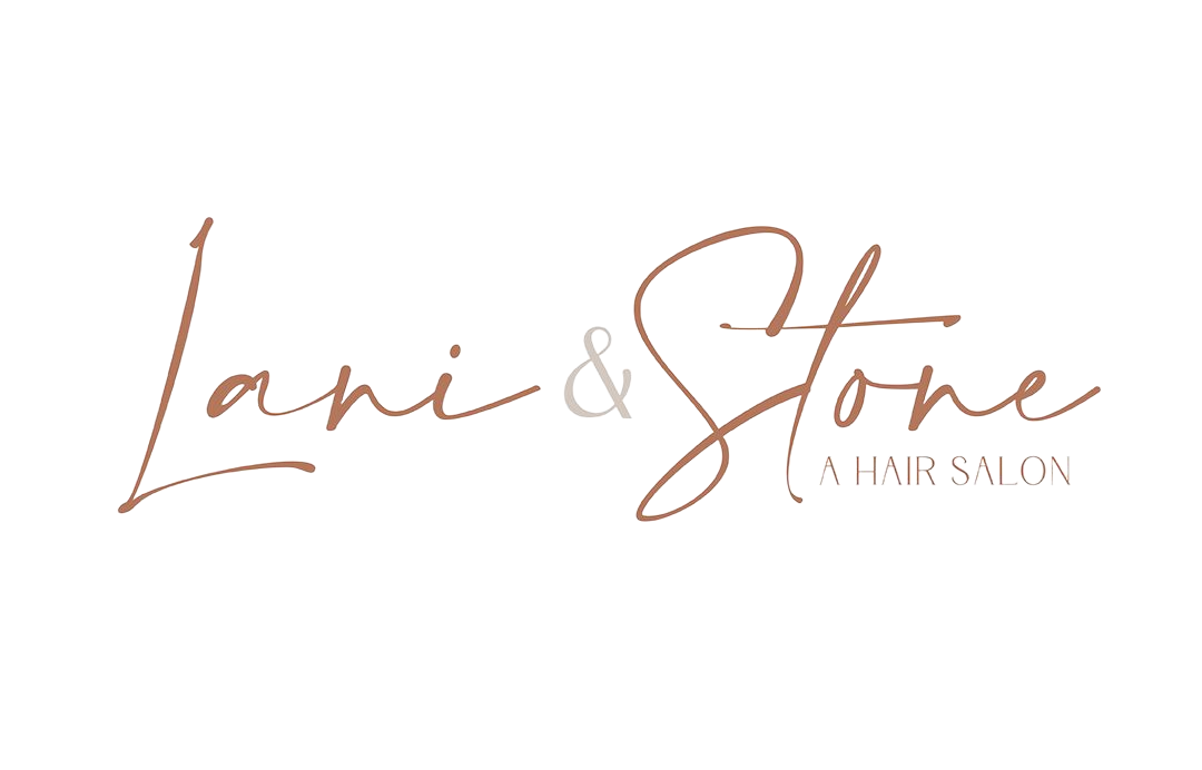 Lani & Stone hair salon logo in elegant brown script on a white background