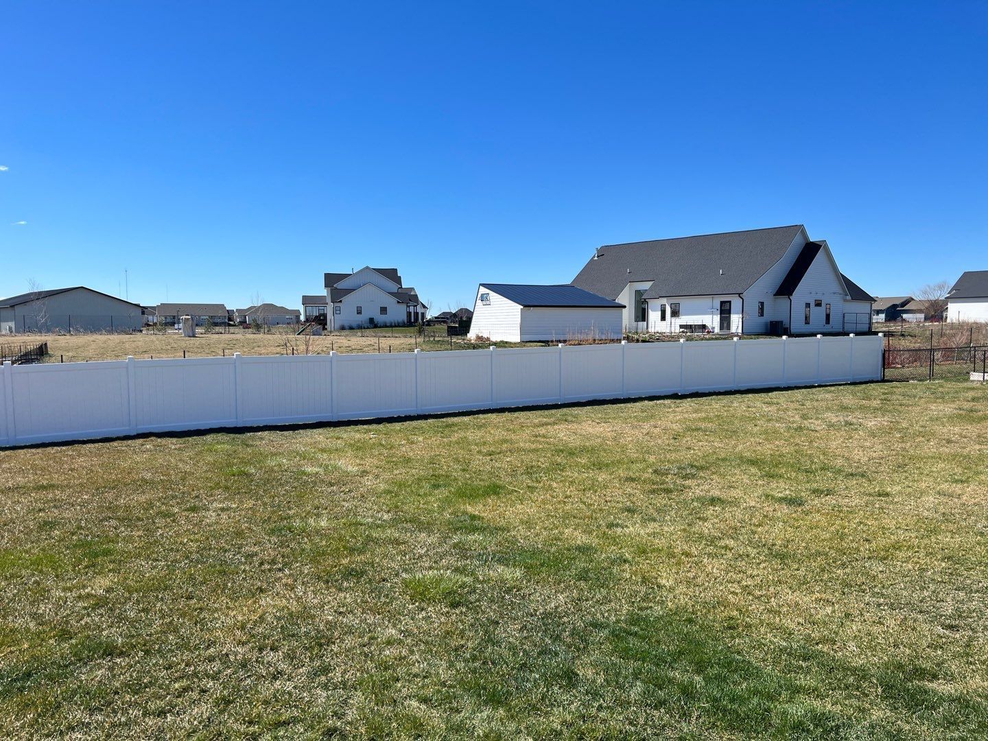 Suburban backyard with green grass, white fence, and houses under a clear blue sky