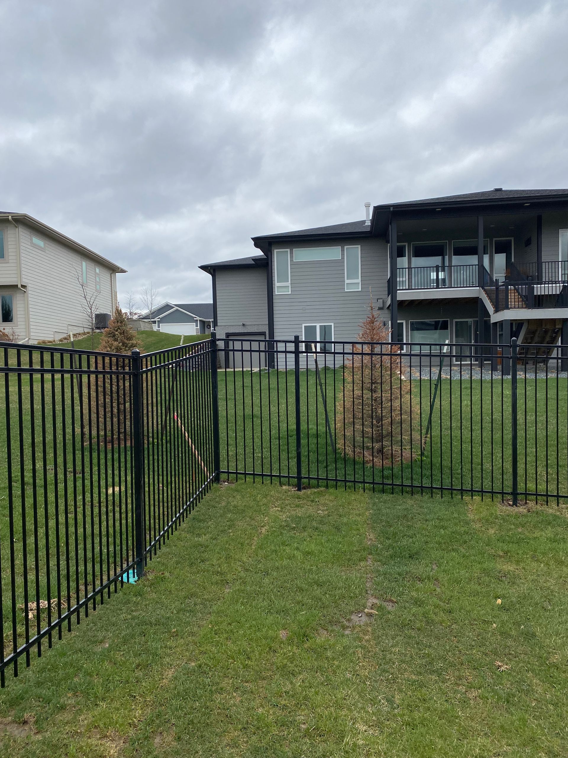 Backyard with green grass, black metal fence, and gray house under cloudy sky