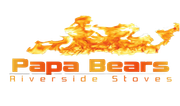 Papa Bears Riverside Stoves logo with orange flames above text; words Papa Bears in orange, Riverside Stoves in gray.