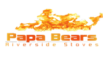 Papa Bears Riverside Stoves logo with orange flames above text; words Papa Bears in orange, Riverside Stoves in gray.