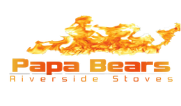 Papa Bears Riverside Stoves logo with orange flames above text; words Papa Bears in orange, Riverside Stoves in gray.